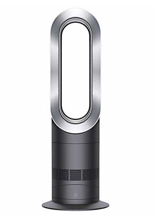 A Dyson bladeless fan with a large empty oval shape at the top and a short grey tower stand