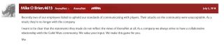 ArenaNet president Mike O'Brien's statement on the Guild Wars 2 forums.