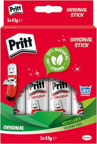 Pritt Glue Stick, Safe & Child-Friendly Craft Glue for Arts & Crafts Activities, Strong-Hold Adhesive for School & Office Supplies, 43g (pack of 5),transparent