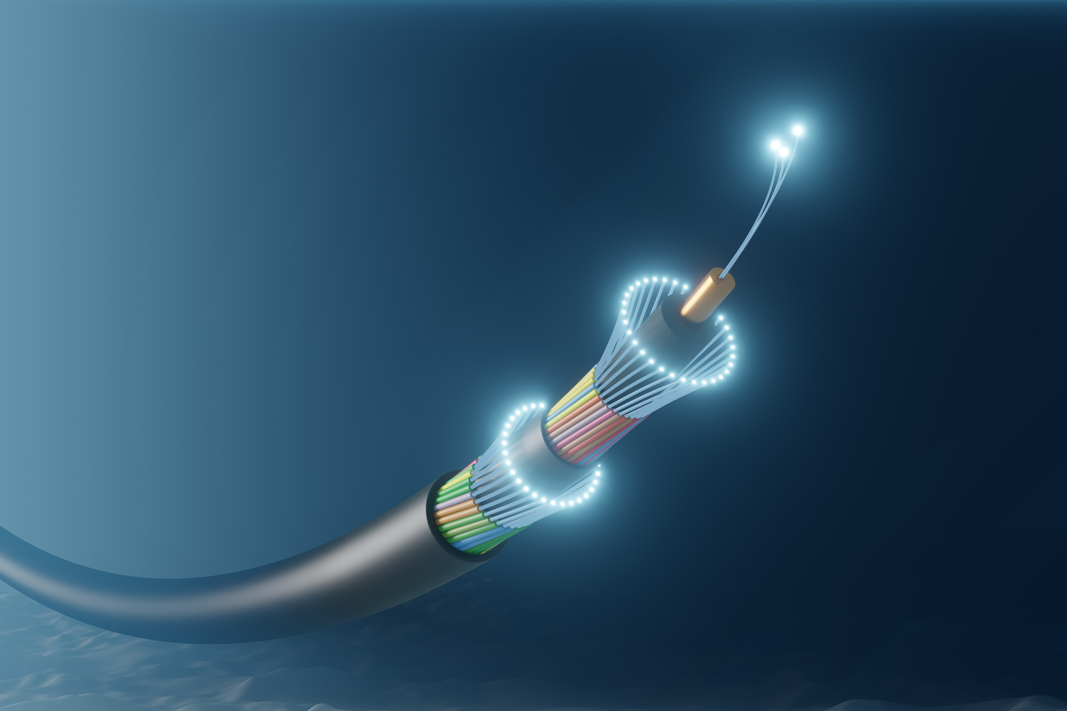 Artist's rendition of a fiber optic cable on the seafloor. The cable is open showing the individual fibers with glowing points on the tips.