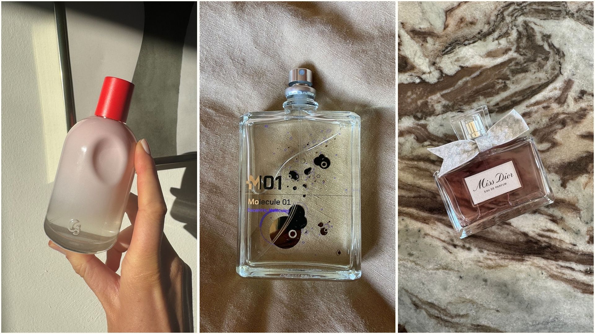 A collage featuring three perfumes; glossier you, molecule 01 and miss dior