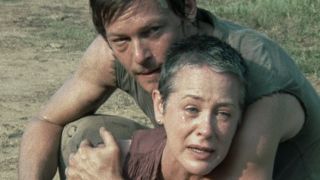 Carol crying and being held by Daryl in TWD Season 2