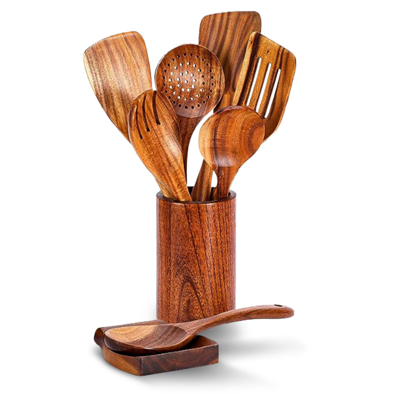 Cheer Collection 9 Piece Wooden Kitchen Utensils Set With Holder and Spoon Rest & Reviews | Wayfair