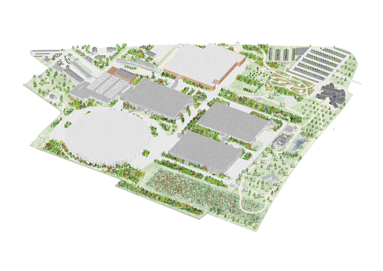 a drawing showing the masterplan by Bas Smets if the Vitra Campus, featuring green trees and lots of planting