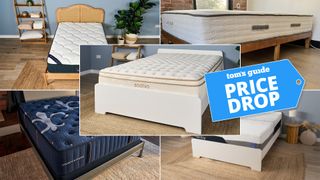 Composite image of the DreamCloud Classic, Avocado Green. Stearns & Foster Estate, Nectar Luxe Memory Foam, and Saatva Classic mattress with a Tom's Guide badge overlaid saying "PRICE DROP"