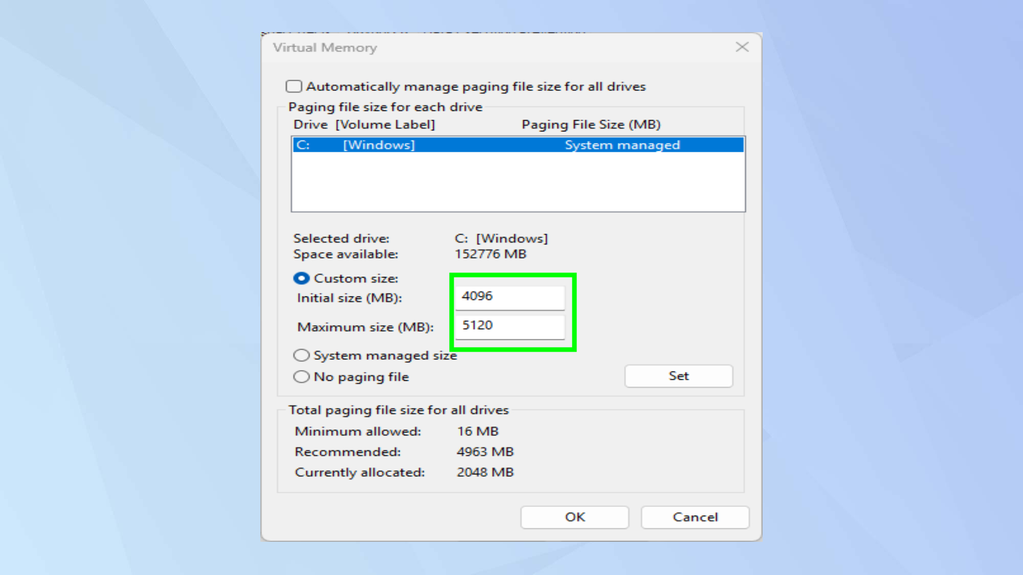 Enter and set the custom size in Windows 11