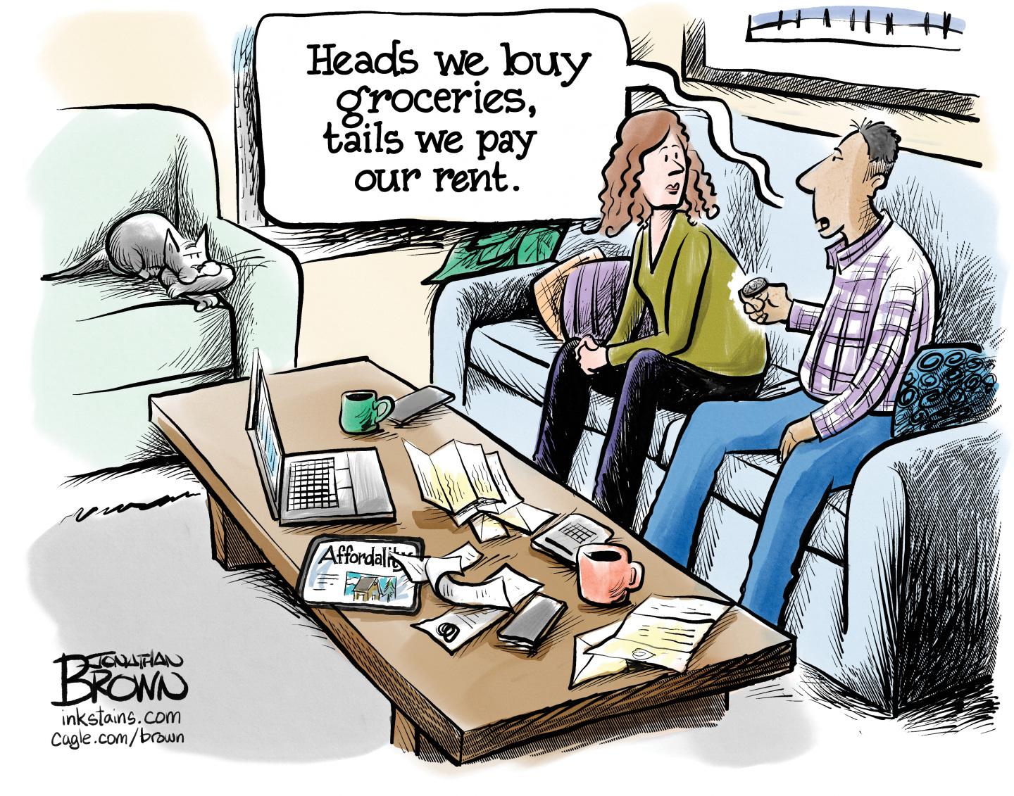 A woman and a man sit on a couch in their home. The coffee table in front of them is filled with bills, a calculator, and a computer. A cat rests nearby on another couch. The man holds a coin and says, &amp;ldquo;Heads we buy groceries, tails we pay our rent.&amp;rdquo;