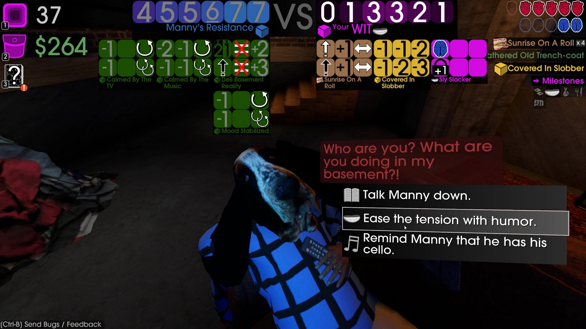 A confused dog-man wakes up from a nap on the couch, with both him and the player having a heap of dice effects - in Moves of the Diamond Hand