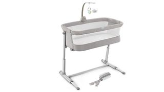 gray and white baby bedside crib