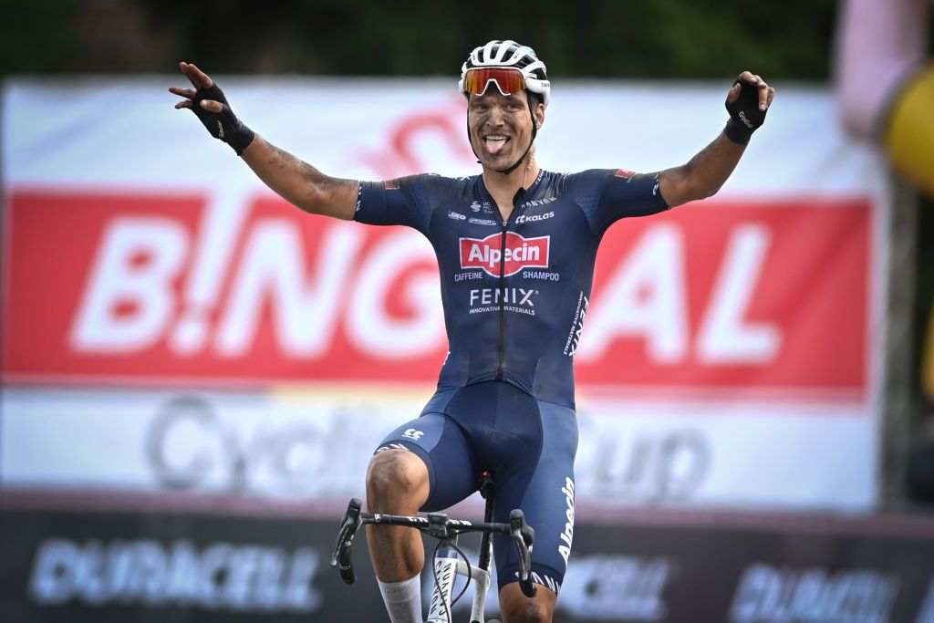 Belgian Jonas Rickaert of AlpecinFenix celebrates as he crosses the finish line to win the Dwars Door Het Hageland one day cycling race 187km from Aarschot to diest Saturday 15 August 2020 BELGA PHOTO DAVID STOCKMAN Photo by DAVID STOCKMANBELGA MAGAFP via Getty Images