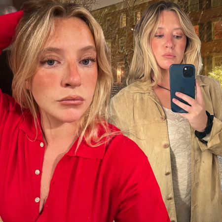 collage of NYC style and beauty TikTok influencer Martine Lavelle wearing bronzed sun-kissed beauty looks with a red polo top and a tan suede jacket in front of a snowy West Village street