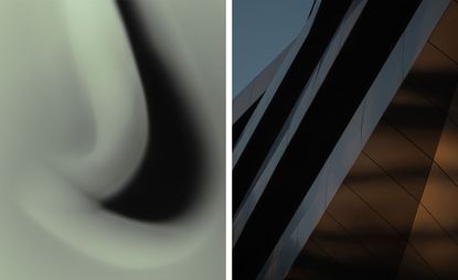 Abstract nike swoosh, left, and detail of Serena Williams Building architecture, right