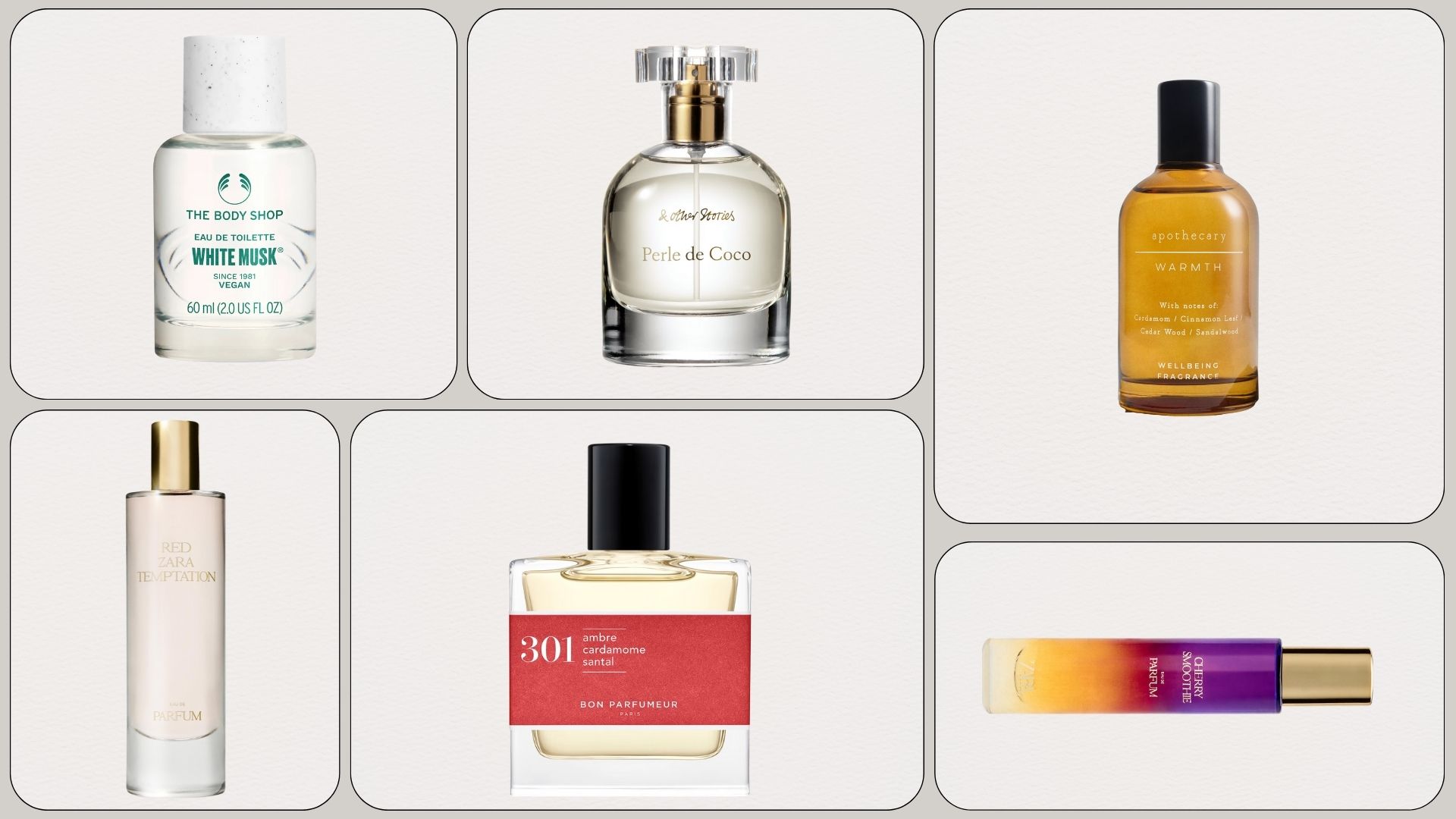 A collage of affordable perfume bottles