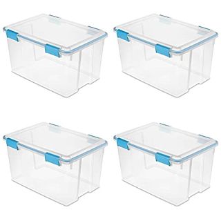 Sterilite 54 Qt Gasket Box, Stackable Storage Bin With Latching Lid and Tight Seal, Plastic Container to Organize Basement, Clear Base and Lid, 4-Pack