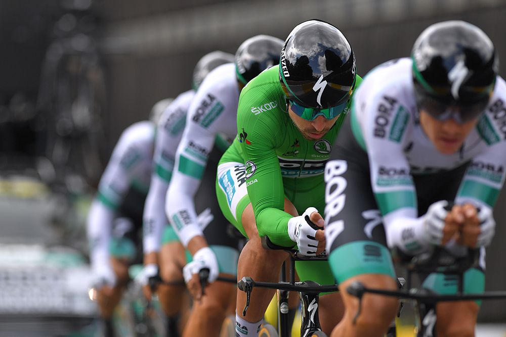 Peter Sagan wearing the green points jersey with his Bora-Hansgrohe squad during the team time trial at the Tour de France