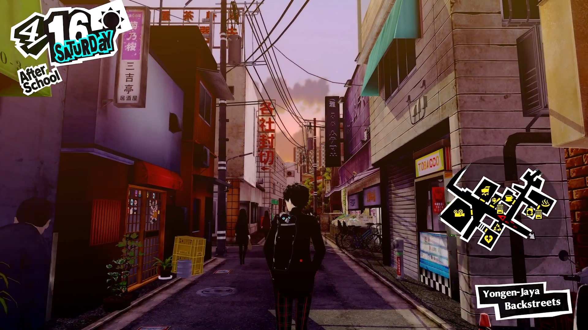 A screenshot of Persona 5 Royal showing Joker walking around Yongen-Jaya