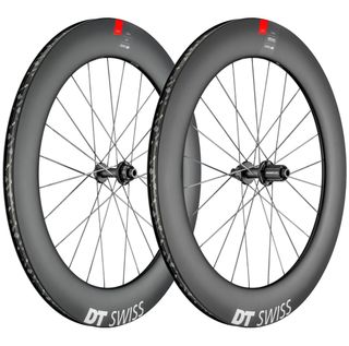 A pair of DT Swiss wheels sit on a white background