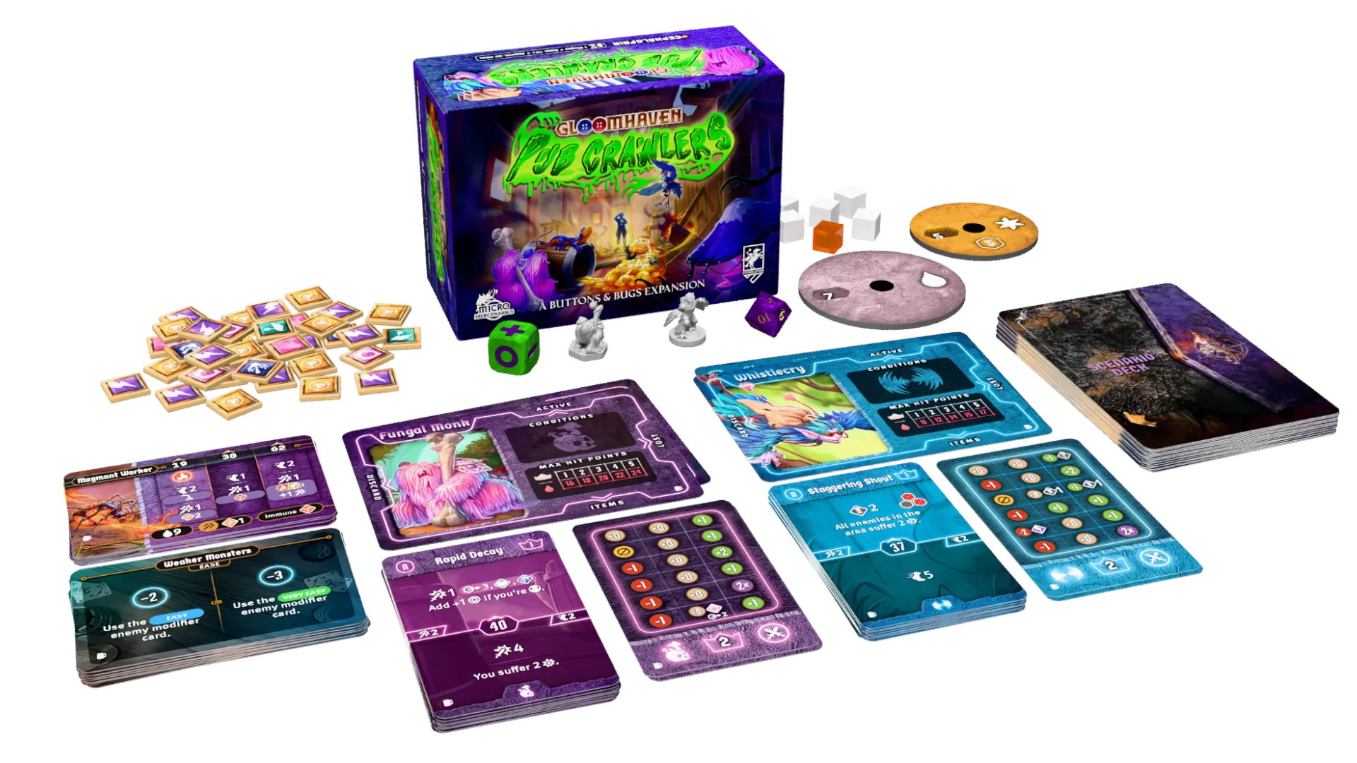 Buttons &amp;amp; Bugs: Pub Crawlers box and contents laid out on a plain background