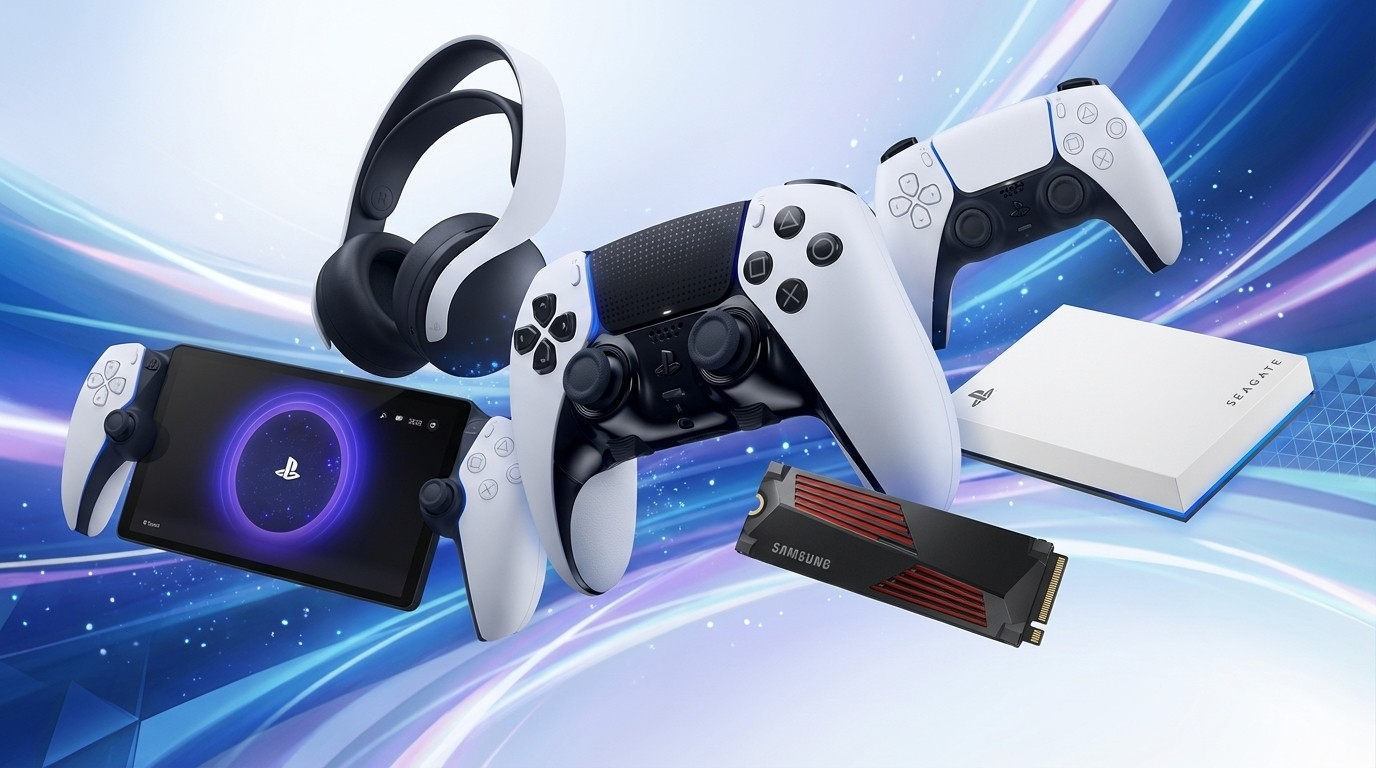 A collage of PS5 accessories on a space and gaming themed background
