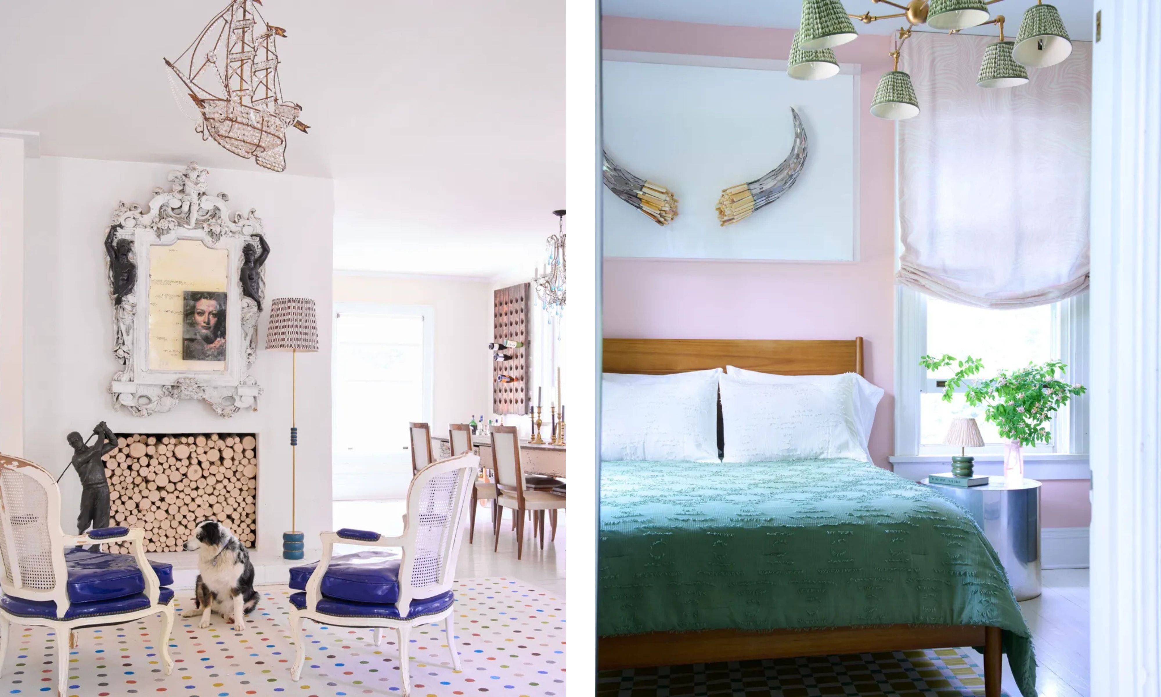 Split image of a white open plan dining room and sitting area and a pale pink bedroom with green bedding