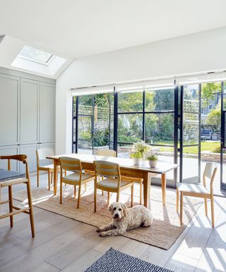 An example of kitchen extension ideas showing a wooden dining table with chairs and a dog in front glass doors with black frames