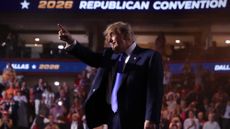 President Donald Trump points toward the crowd after speaking during the Republican National Midterm Convention at the American Airlines Center in Dallas.