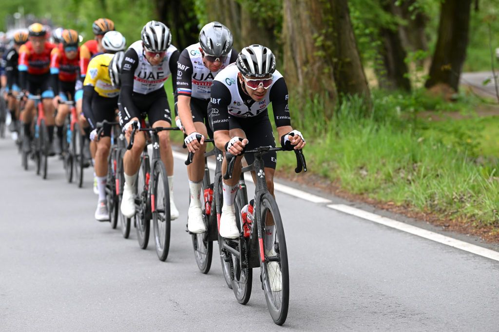 VALAIS THYON 2000 SWITZERLAND APRIL 29 Ivo Oliveira of Portugal and UAE Team Emirates leads the peloton during the 6th Tour De Romandie 2023 Stage 4 a 1616km stage from Sion to Valais Thyon 2000 2090m UCIWT on April 29 2023 in Sion Switzerland Photo by Dario BelingheriGetty Images