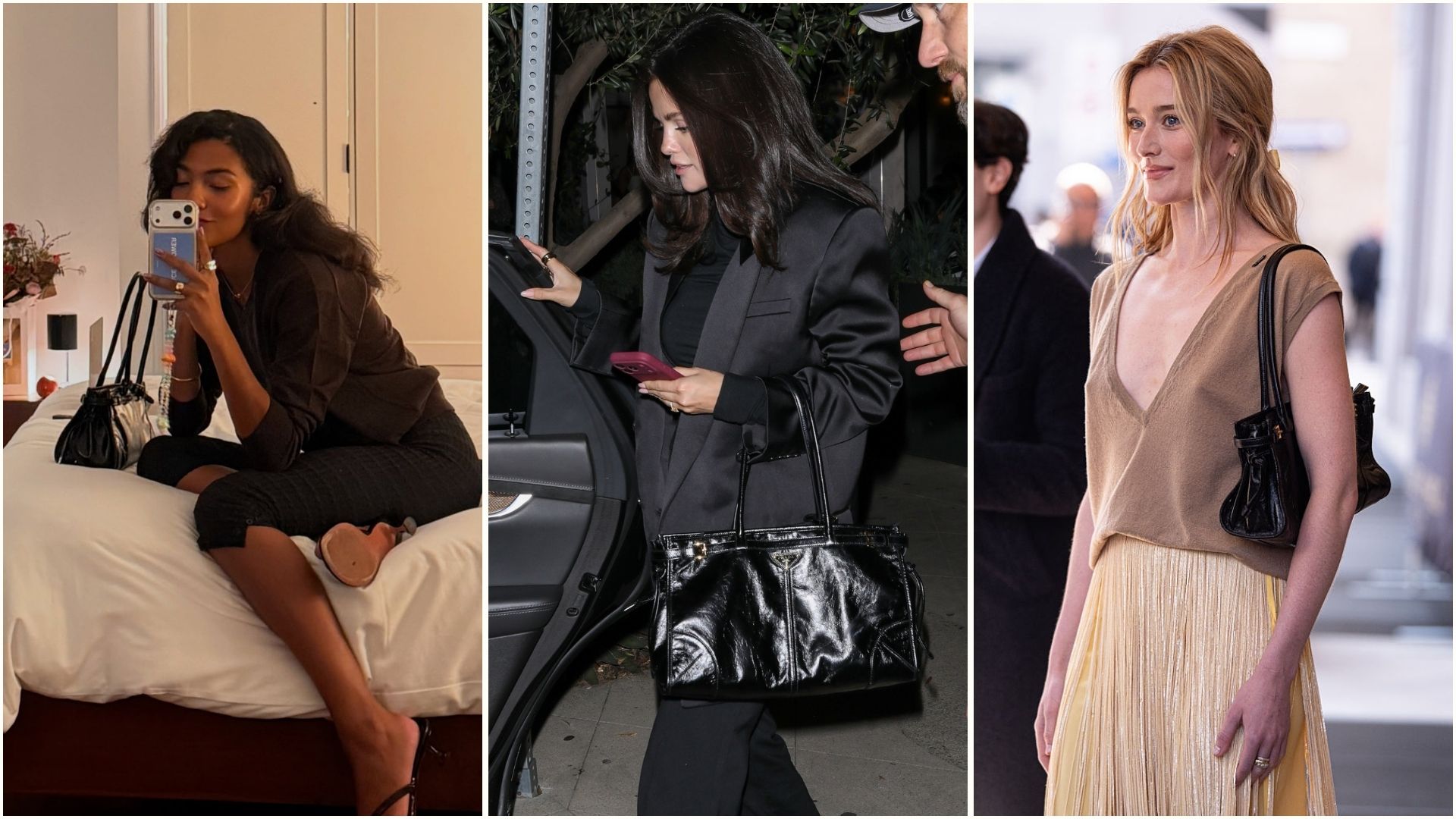 Olivia Dean, Selena Gomez and Sarah Pidgeon wearing Prada Bonnie Bag