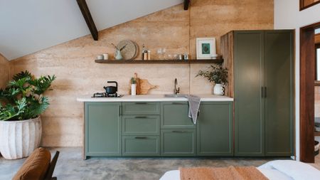  A decluttered kitchen with green cabinets 