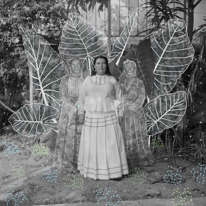 A lady with drawings of other ladies around her