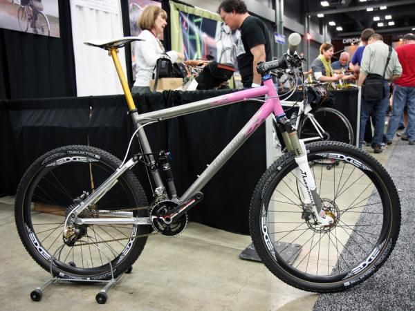 Quiring showed off this bright titanium full-suspension bike using a Ventana rear end.