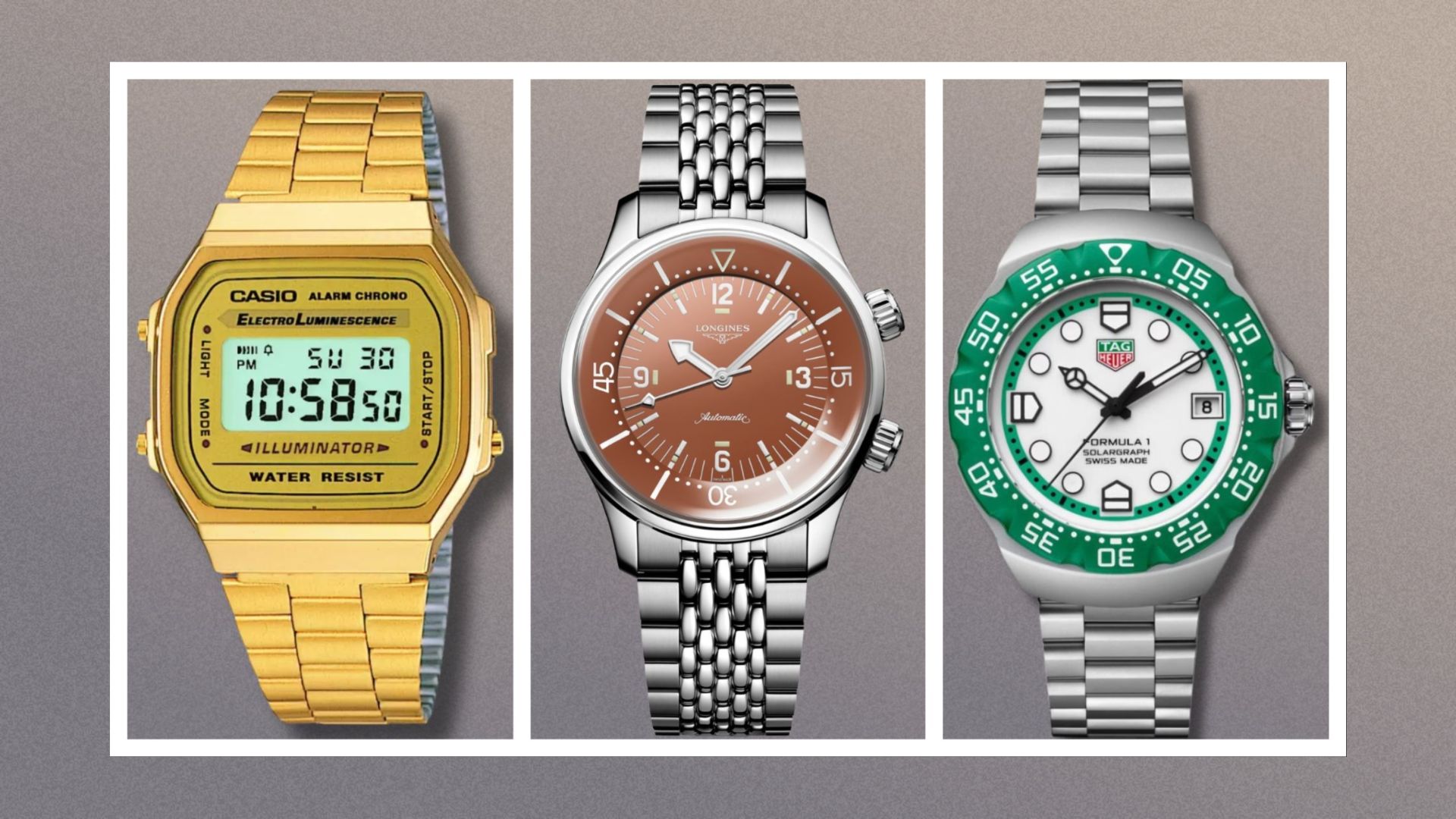 Casio A168WG-9EF, Longines Legend Diver, and Tag Heuer F1 Solargraph on a grey background