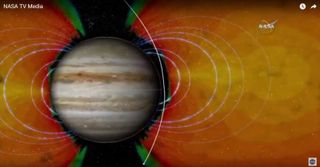 This illustration shows how the Juno probe (white line) will pass through the extremely intense radiation belt that surrounds Jupiter.
