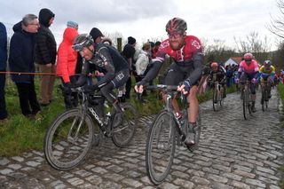 Gianni Moscon and Ian Stannard (Ineos) in action at Omloop Het Nieuwsblad.