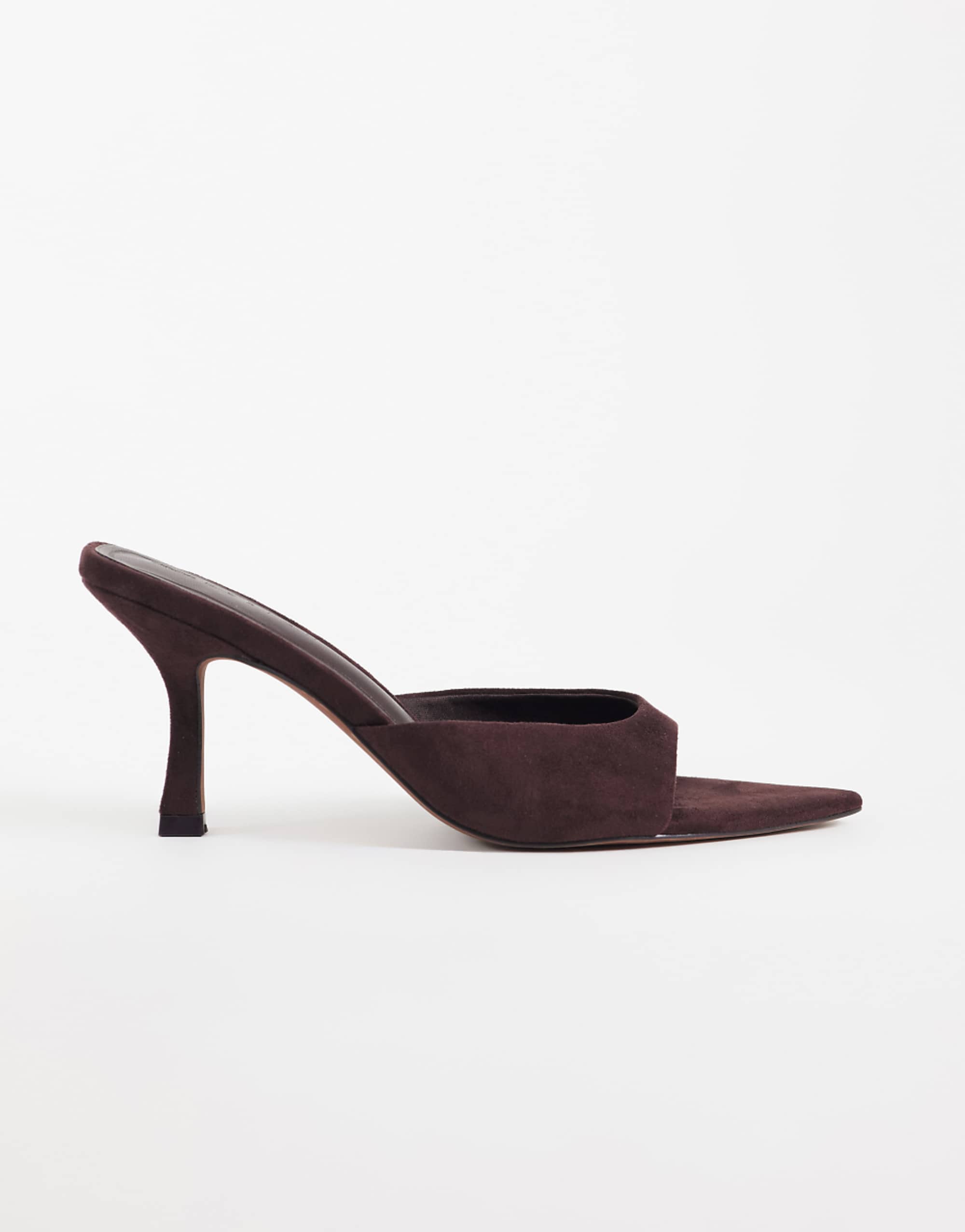 Asos Design Hotline Pointed Heeled Mules in Chocolate Suedette