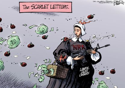 Political cartoon U.S. NRA gun owners Scarlet Letter