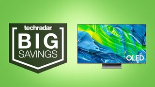 Samsung s95b OLED TV on bright green background with big savings text overlay