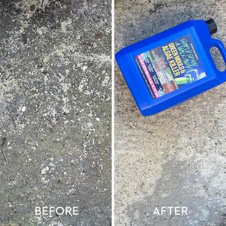 A before picture of a dirty patio and an after picture showing the same patio once cleaned with a patio cleaner