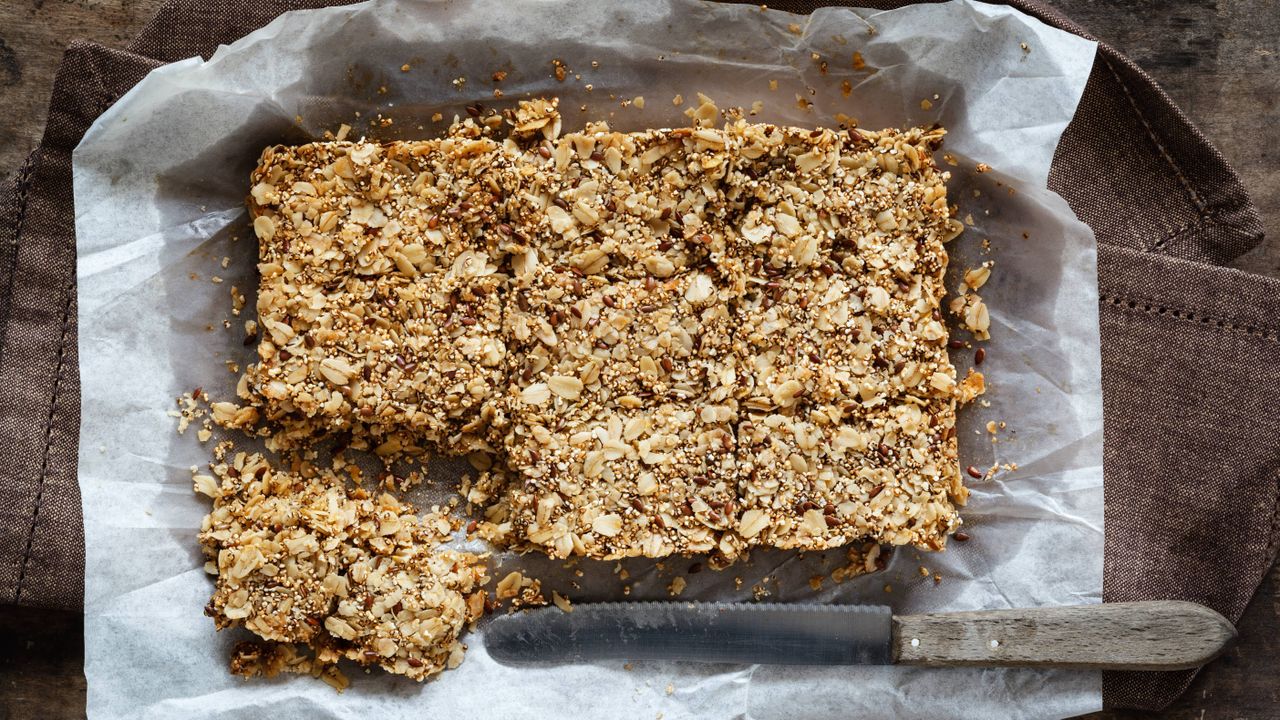 seeded flapjacks in a baking tray