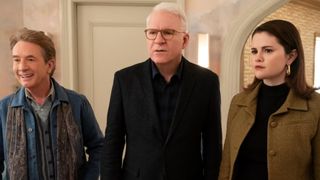 Martin Short, Steve Martin and Selena Gomez stand next to each other 