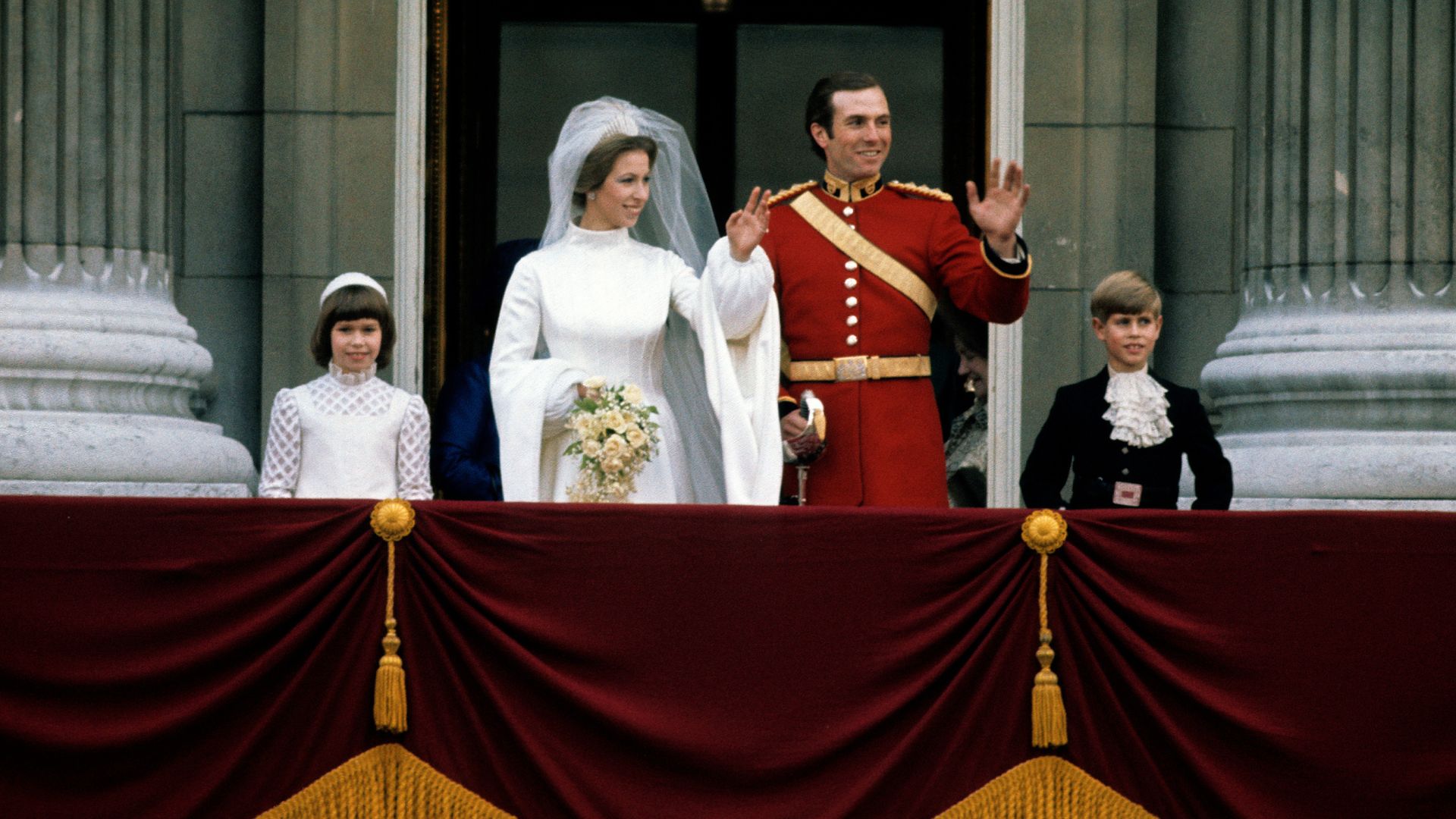 Princess Anne and Captain Mark Phillips on the balcony of Buckingham Palace following their wedding