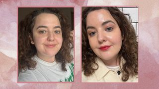 Two images of Senior Beauty Editor Rhiannon Derbyshire with clear even skin - one without make-up, and one with a sheer formula