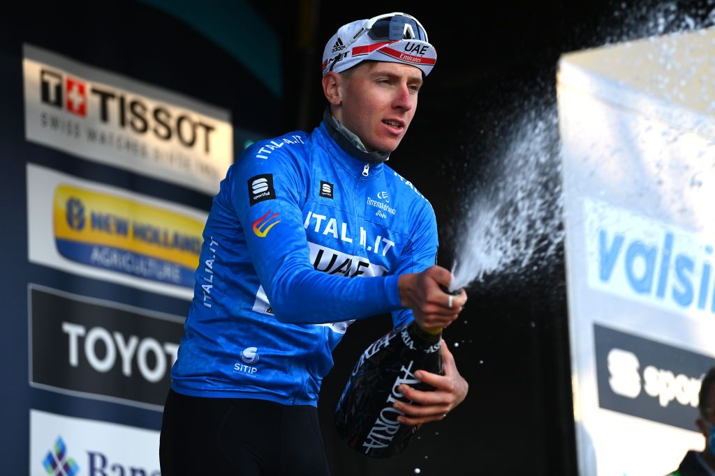 BELLANTE ITALY MARCH 10 Tadej Pogacar of Slovenia and UAE Team Emirates celebrates at podium as Blue Leader Jersey winner during the 57th TirrenoAdriatico 2022 Stage 4 a 202km stage from Cascata delle Marmore to Bellante 345m TirrenoAdriatico WorldTour on March 10 2022 in Bellante Italy Photo by Tim de WaeleGetty Images