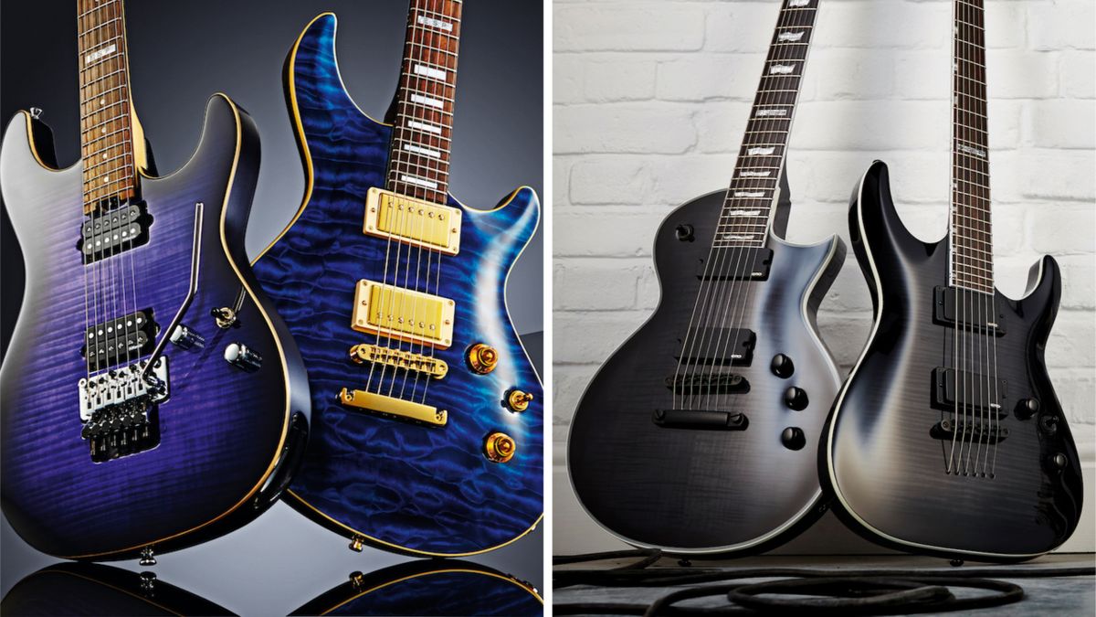 A pair of ESP guitars next to a pair of LTD guitars