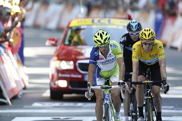 Vicenzo Nibali (Liquigas) and Bradley Wiggins (Sky) lead Chris Froome (Sky)
