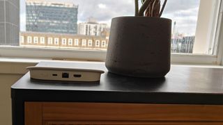 Google TV Streamer video streamer next to plant pot in front of window showing rear connections