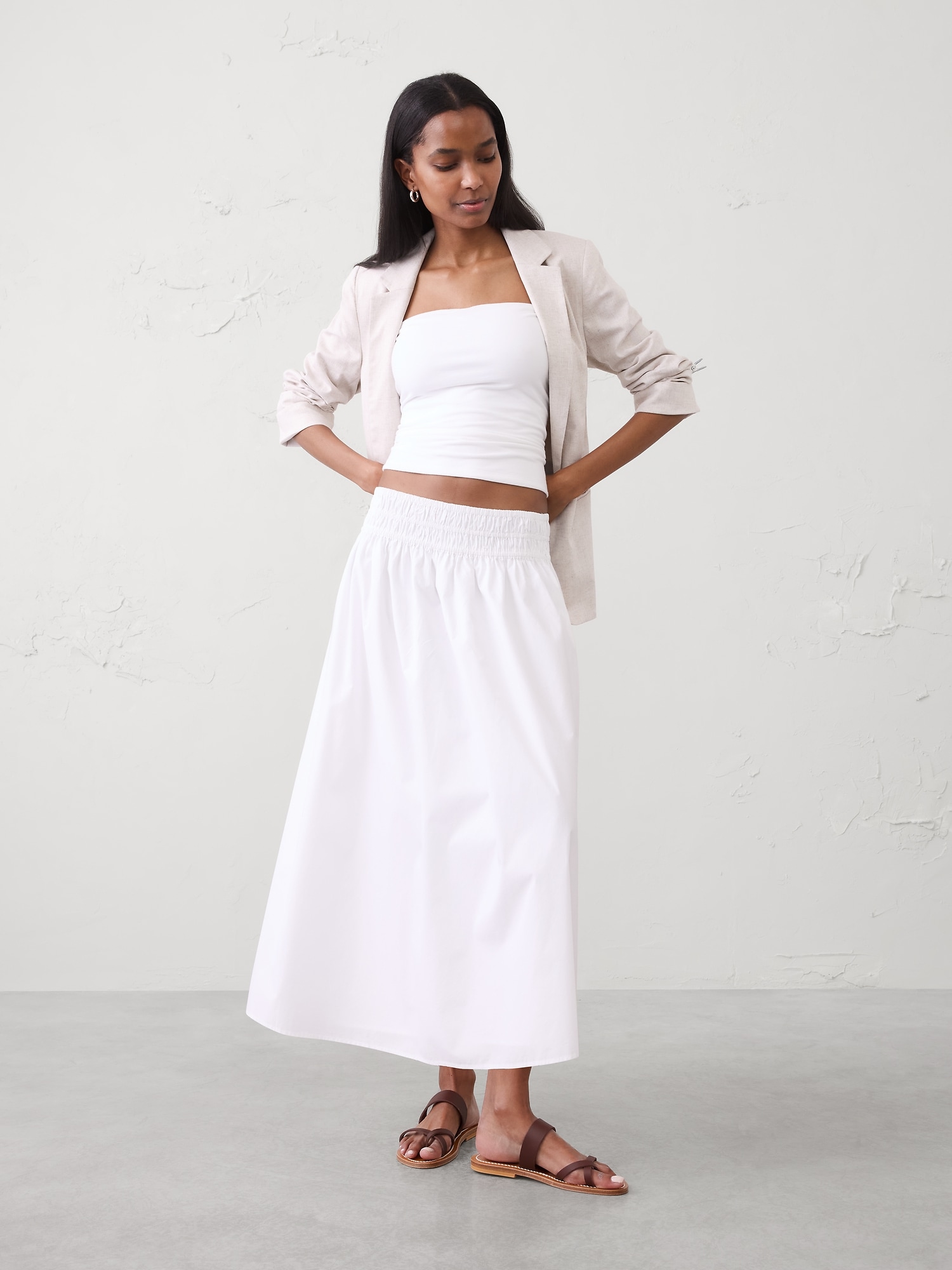 Poplin Smocked-Waist Midi Skirt