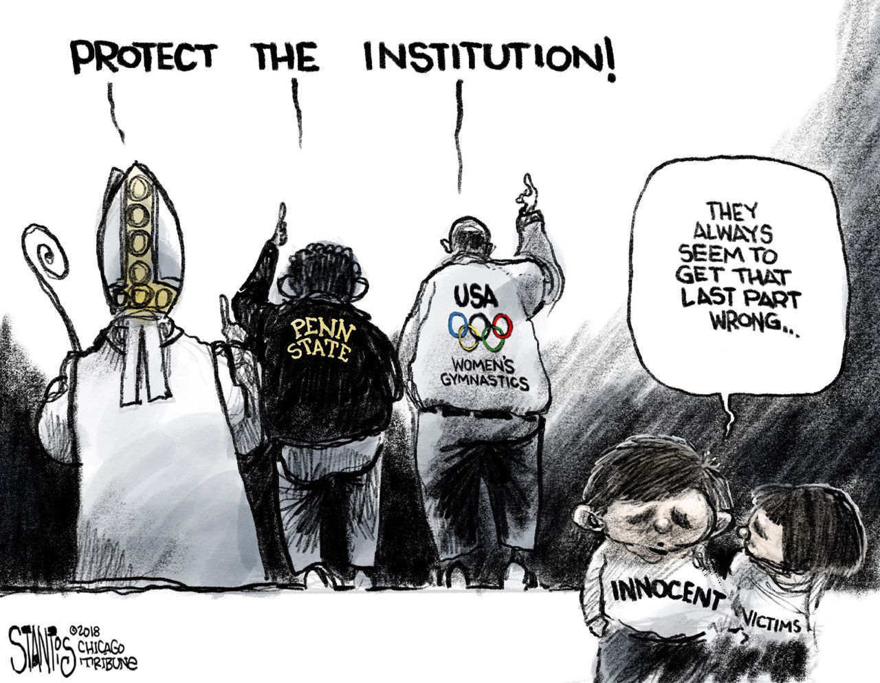 Political cartoon U.S. child abuse sexual assault Catholic Church Penn State USA Gymnastics