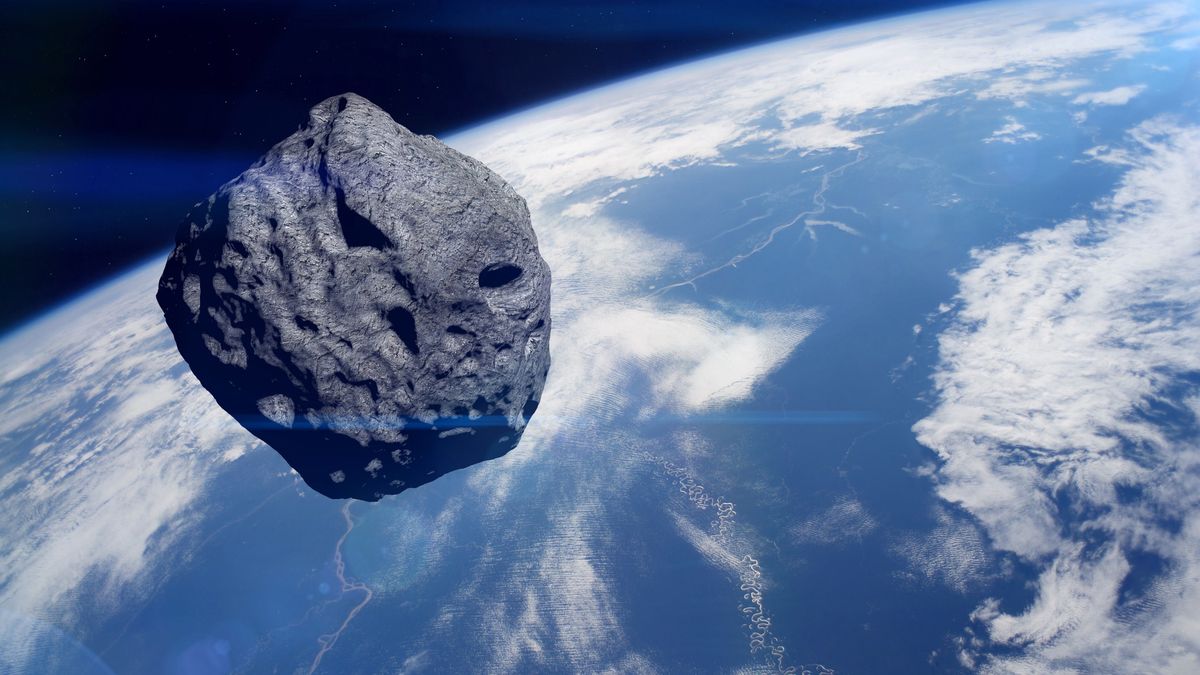 An asteroid approaches Earth from space