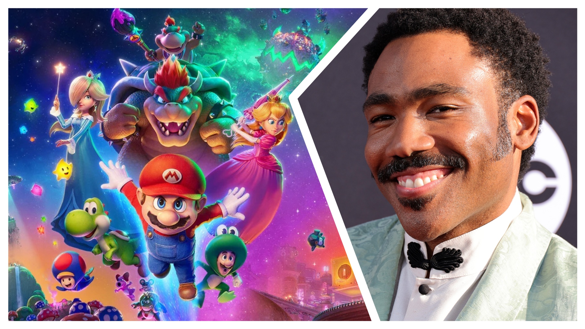 Super Mario Galaxy poster highlighting the characters in the film sliced with a picture of Donald Glover 